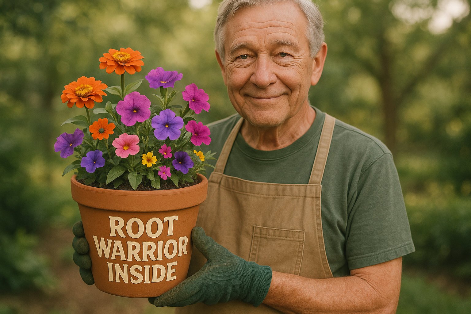 older man holding a pot with flowers with type Root Warrior Inside