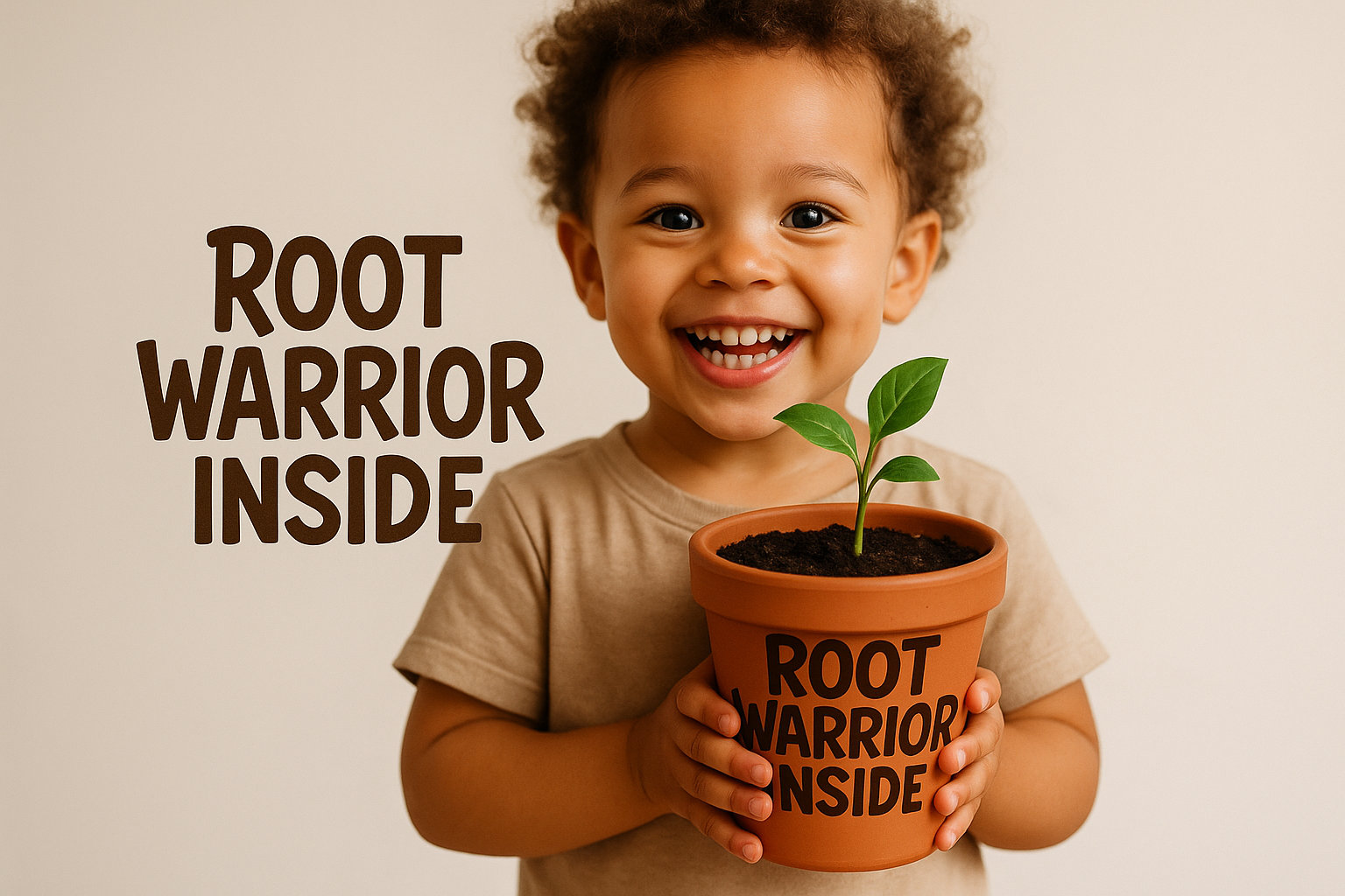 Young child holding plant pot with words Root Warrior Inside