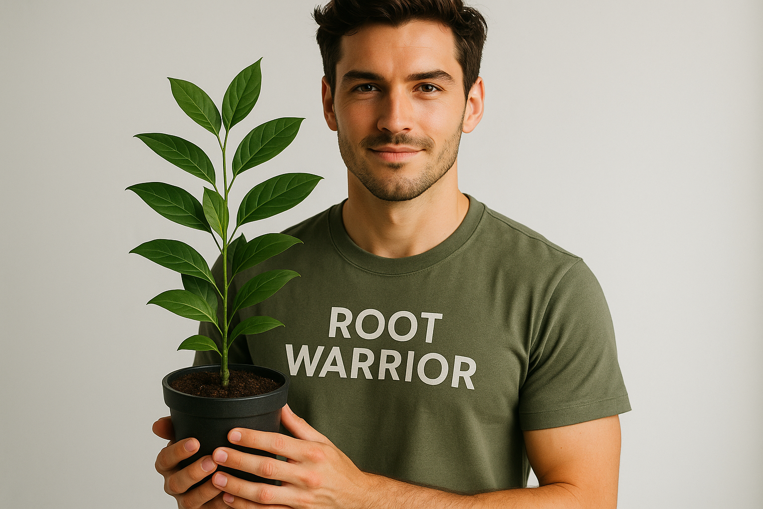 young man hold plant with small type Root Warrior Inside