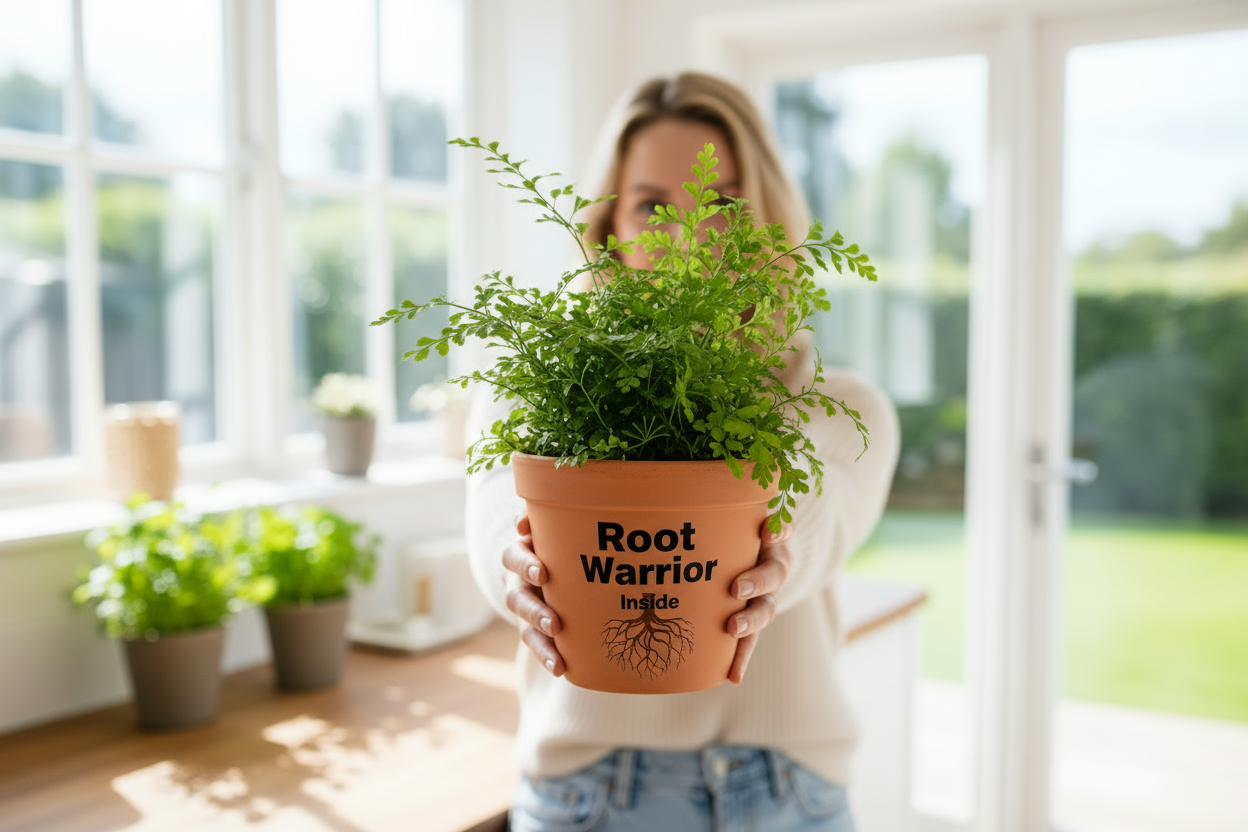 Change bottle to a Houseplant with Root Warrior Inside printed on front