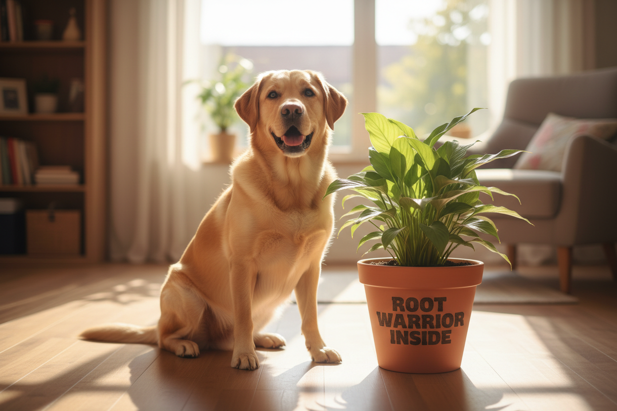 Golden Lab dog sitting next to a potted plant with Root Warrior Inside printed on the outside