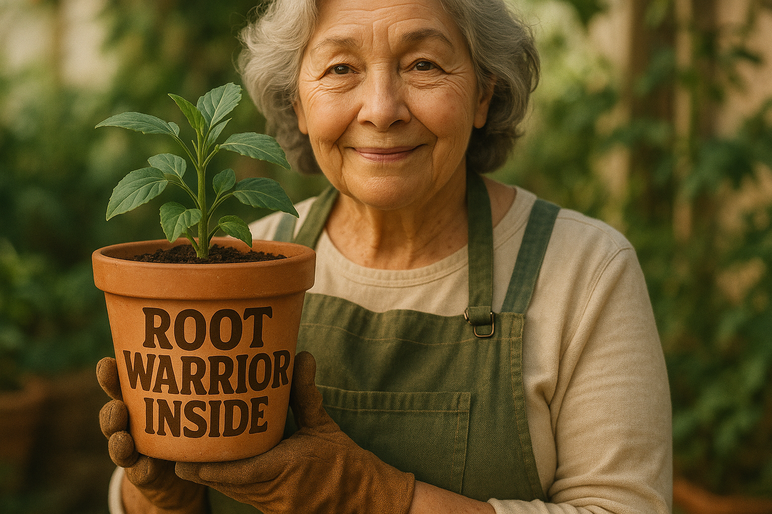 Older woman holding a plant pot with words Root Warrior Inside
