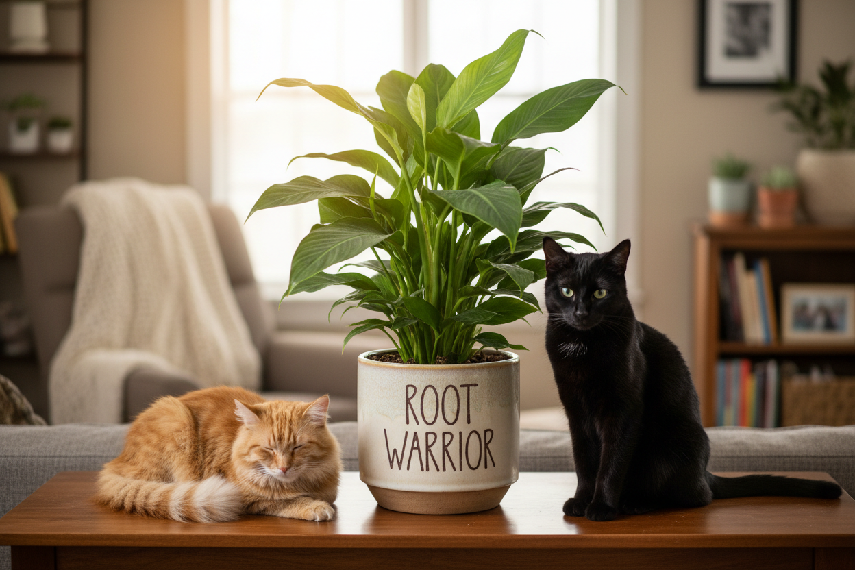two cats sitting next to plant